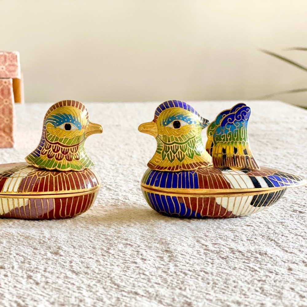 Vintage Cloisonné Pair Mandarin Ducks Trinket Box